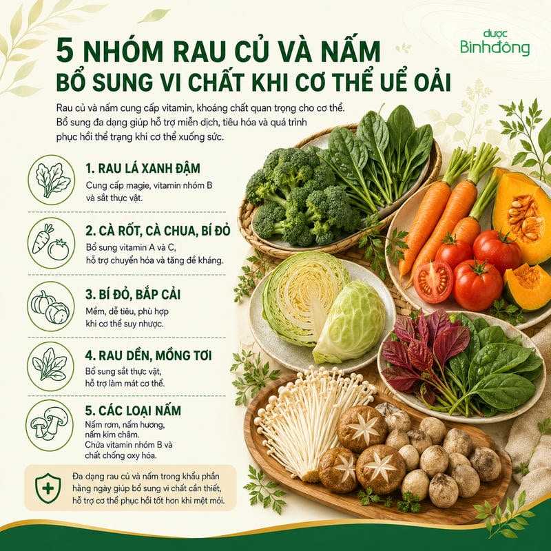 Infographic năm nhóm rau củ và nấm gồm rau lá xanh đậm, củ quả màu cam đỏ, bí đỏ bắp cải, rau dền mồng tơi và các loại nấm.