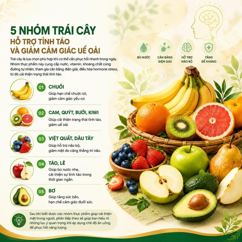 Infographic năm nhóm trái cây gồm chuối, cam quýt bưởi kiwi, việt quất dâu tây, táo lê và bơ.