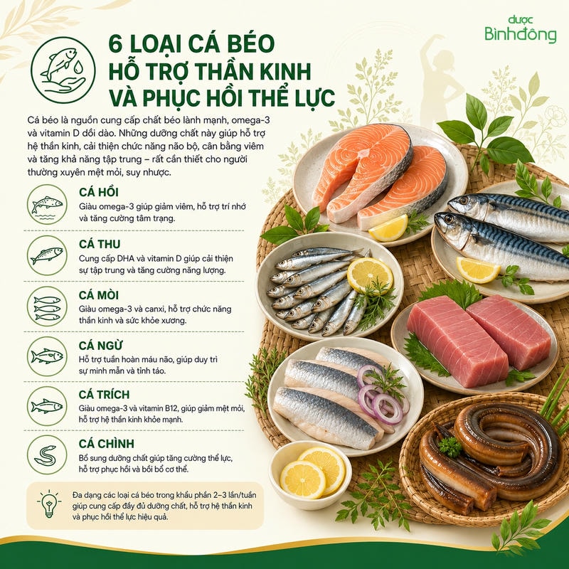 Infographic sáu loại cá béo gồm cá hồi, cá thu, cá mòi, cá ngừ, cá trích và cá chình.