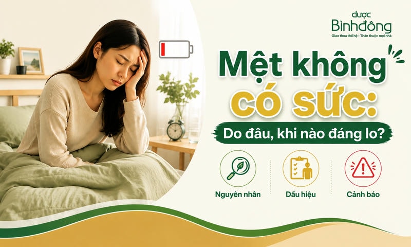 Thumbnail người mệt mỏi không có sức, minh họa phụ nữ uể oải cùng nguyên nhân, dấu hiệu, cảnh báo.