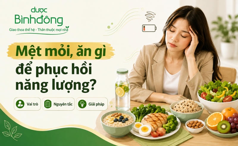 Thumbnail người mệt mỏi bên bữa ăn cân đối, gồm vai trò, nguyên tắc và giải pháp dinh dưỡng.