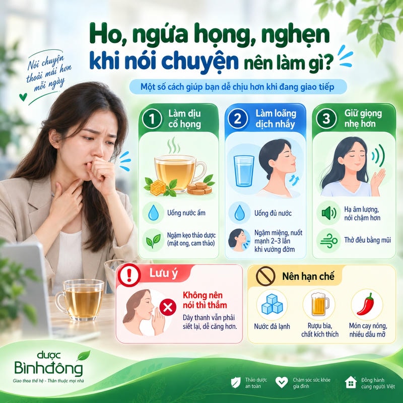Infographic hướng dẫn xử lý ho khi nói qua ba nhóm: làm dịu họng, loãng dịch nhầy, giữ giọng nhẹ.
