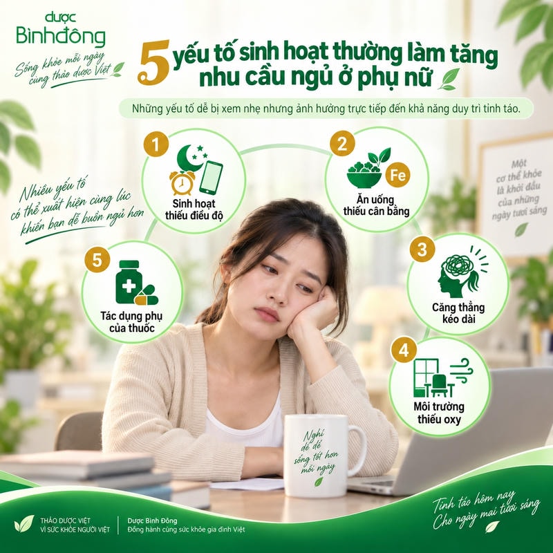 Infographic nêu 5 yếu tố khiến phụ nữ buồn ngủ: sinh hoạt, dinh dưỡng, căng thẳng, môi trường và thuốc.