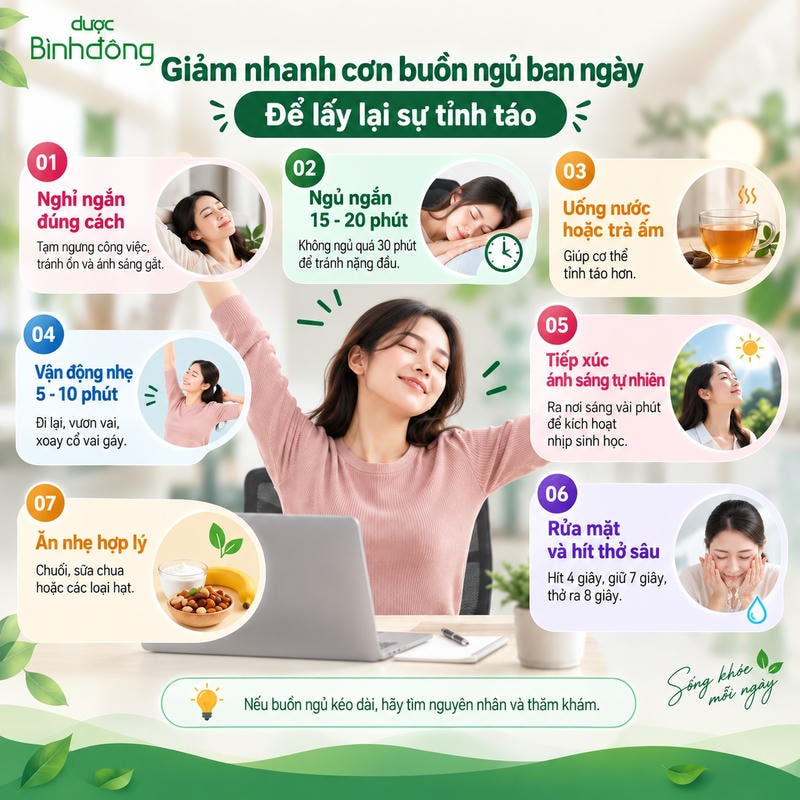 Infographic nêu 7 cách lấy lại tỉnh táo: nghỉ ngắn, uống nước, vận động, ánh sáng và ăn nhẹ.