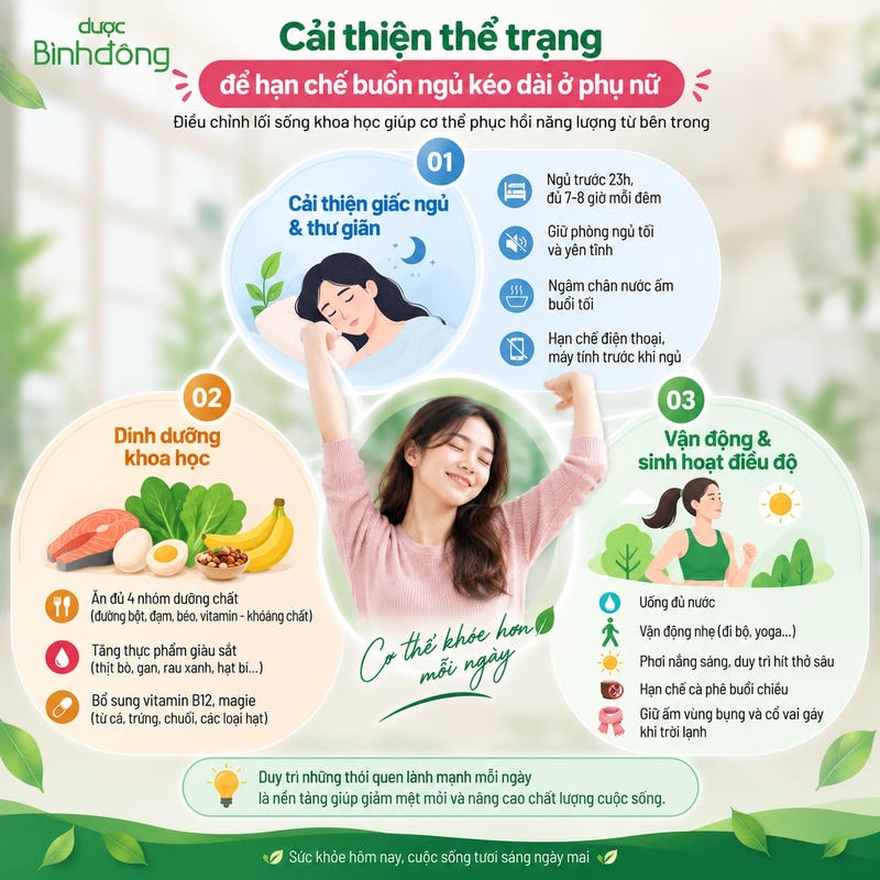 Infographic nêu ba nhóm thói quen hạn chế buồn ngủ kéo dài ở phụ nữ: ngủ, dinh dưỡng, vận động.