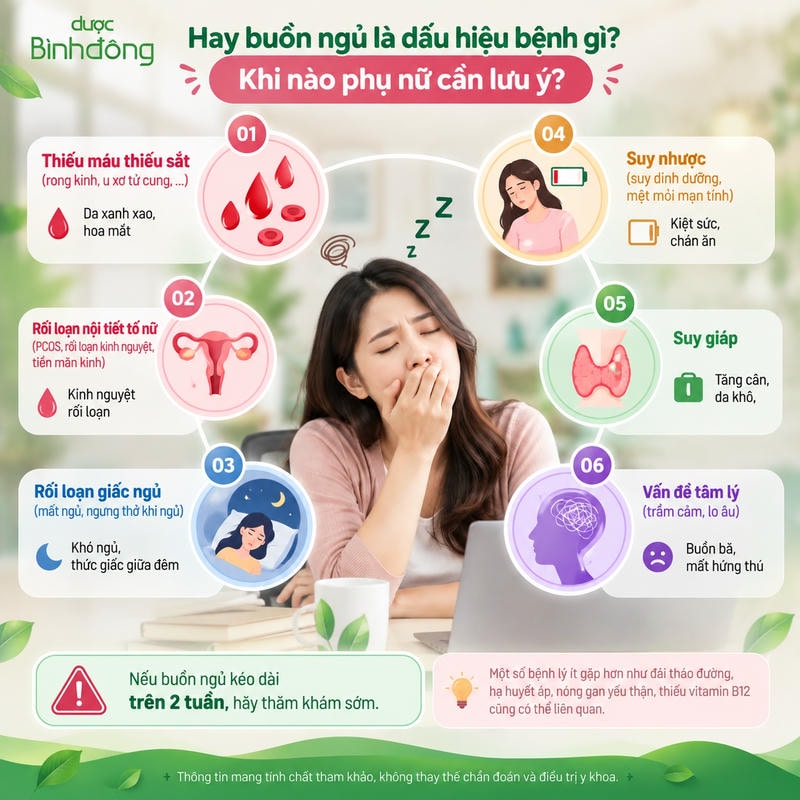 Infographic tổng hợp 6 nhóm bệnh thường gặp và cảnh báo đi khám khi phụ nữ buồn ngủ kéo dài.