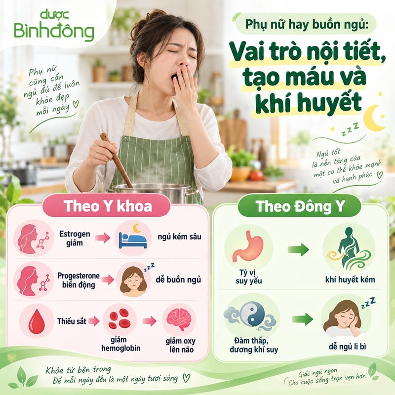 Infographic cho thấy buồn ngủ ở phụ nữ liên quan nội tiết biến động, thiếu sắt và khí huyết suy.