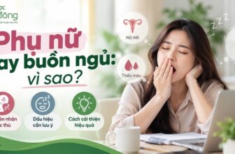 Phụ nữ ngồi làm việc và ngáp mệt bên laptop. Trên ảnh có headline “Phụ nữ hay buồn ngủ: vì sao?” cùng các nhãn nội tiết, thiếu máu và giấc ngủ kém sâu.
