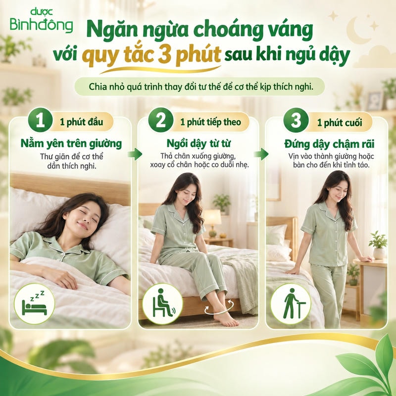 Infographic quy tắc 3 phút sau khi ngủ dậy gồm nằm yên, ngồi dậy từ từ và đứng dậy chậm rãi.