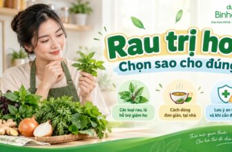 Người phụ nữ lựa chọn các loại rau, lá và gia vị quen thuộc hỗ trợ giảm ho. Graphic trình bày ba nội dung: các loại rau lá, cách dùng tại nhà và lưu ý an toàn khi cần đi khám.