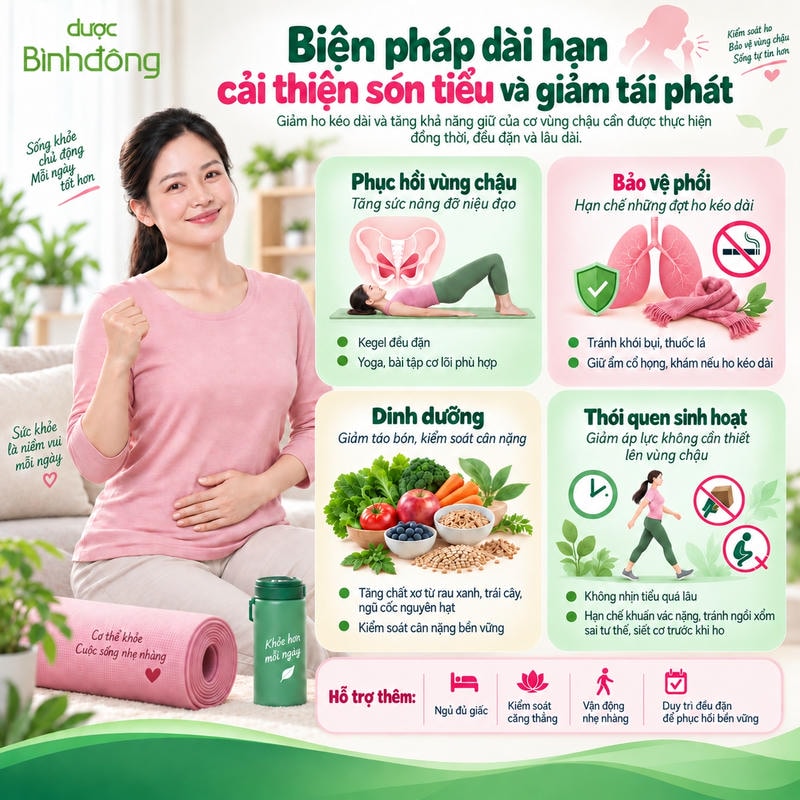 Infographic biện pháp dài hạn giảm són tiểu: phục hồi vùng chậu, bảo vệ phổi, dinh dưỡng và thói quen sinh hoạt.