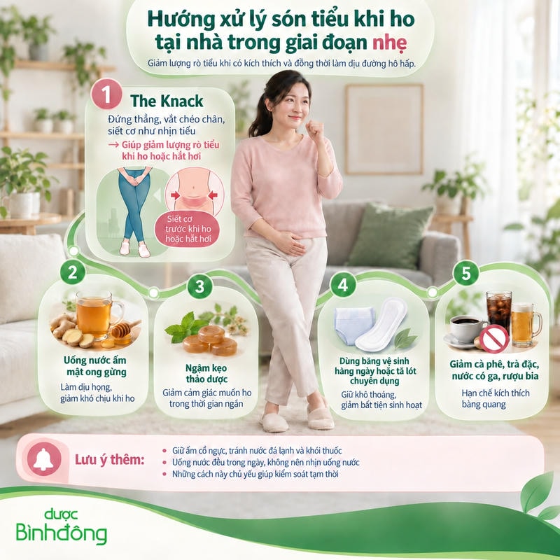 Infographic xử lý són tiểu khi ho: siết cơ trước ho, làm dịu họng và giảm kích thích bàng quang.
