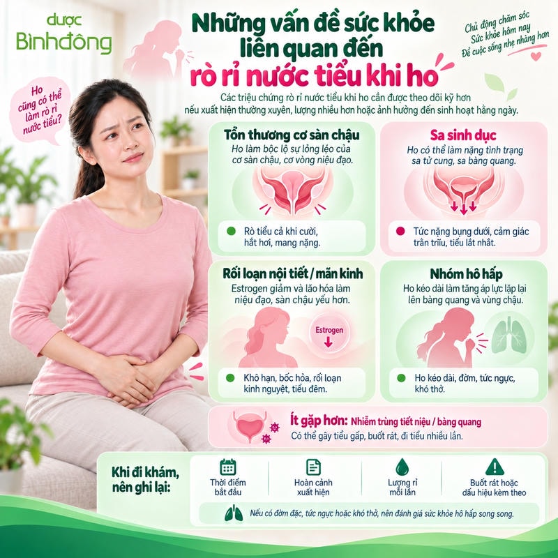 Infographic rò tiểu khi ho: tổn thương sàn chậu, sa sinh dục, mãn kinh và bệnh hô hấp.