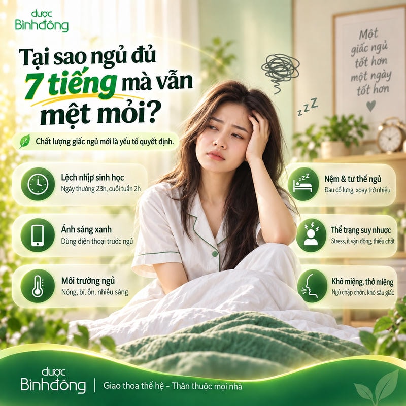 Đồ họa radial cho thấy ngủ đủ 7 tiếng vẫn có thể mệt mỏi khi chất lượng giấc ngủ kém và nhiều thói quen, yếu tố sức khỏe cùng làm gián đoạn phục hồi.