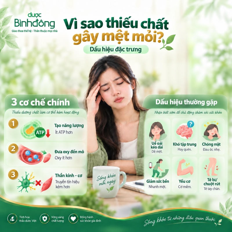 Infographic thiếu chất gây mệt mỏi, gồm 3 cơ chế chính và các dấu hiệu thường gặp để nhận diện sớm.