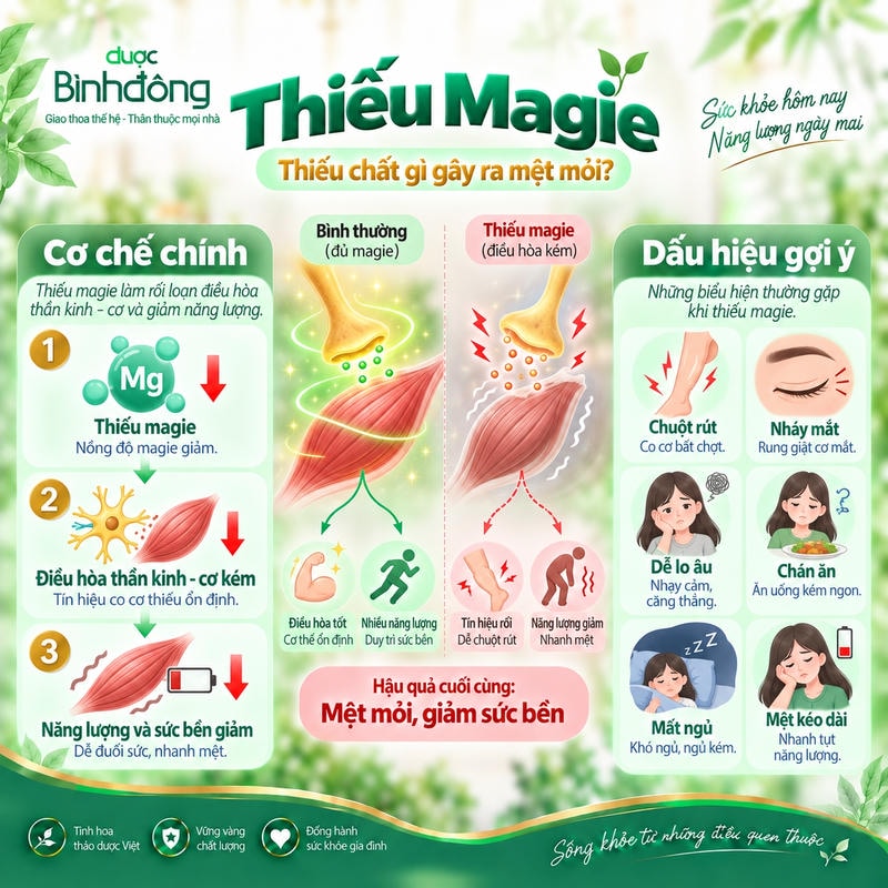 Sơ đồ thiếu magie cho thấy điều hòa thần kinh - cơ kém, sức bền giảm và dễ mệt.
