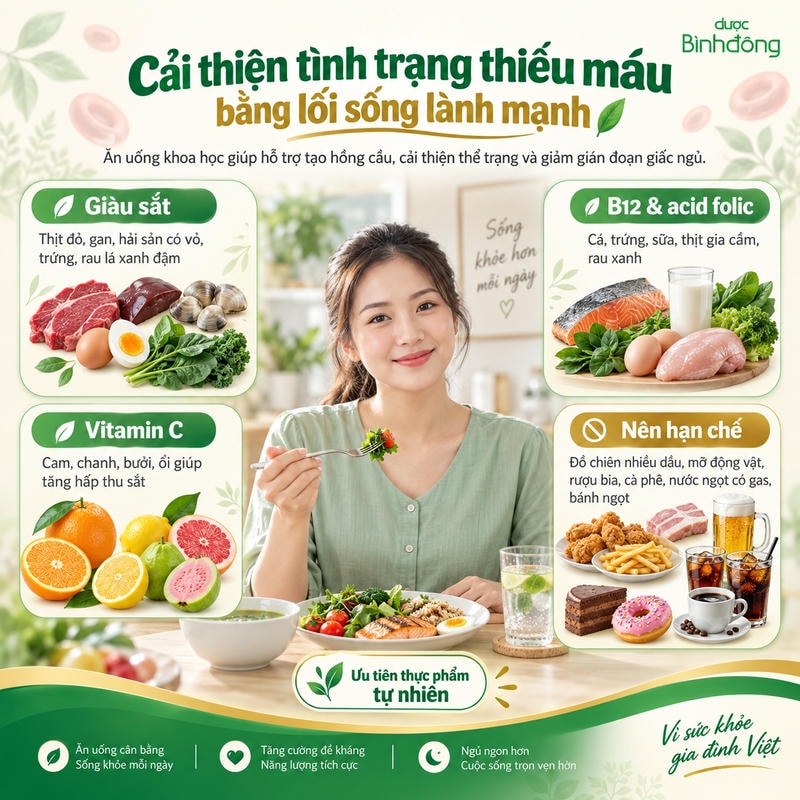Infographic cho thấy ăn uống cân bằng với thực phẩm giàu sắt, B12, acid folic, vitamin C và hạn chế đồ kích thích hỗ trợ cải thiện thiếu máu.