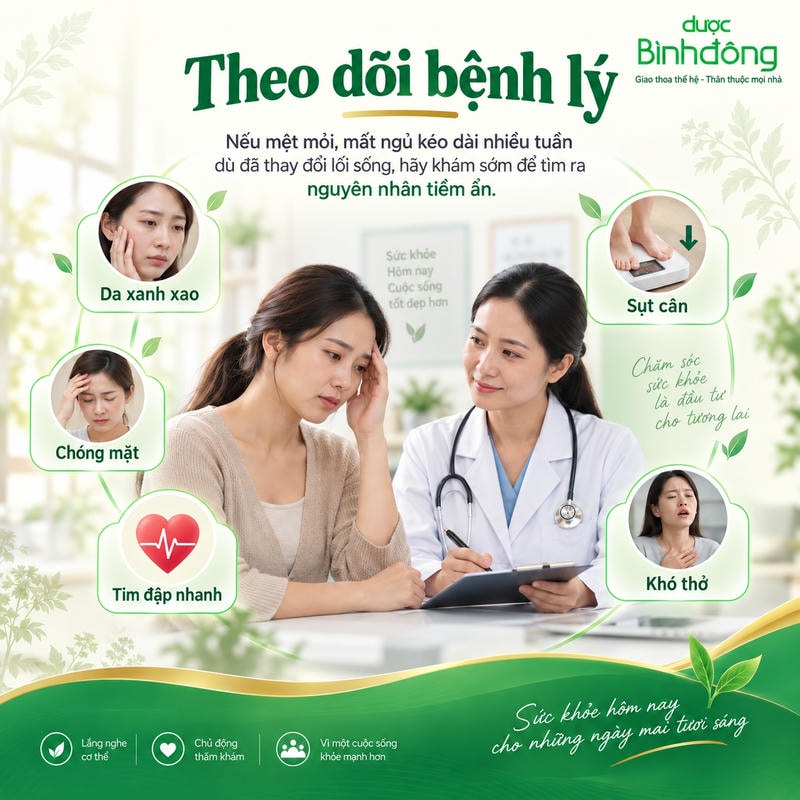 Infographic theo dõi bệnh lý gồm dấu hiệu da xanh xao, chóng mặt, tim đập nhanh, sụt cân, khó thở.