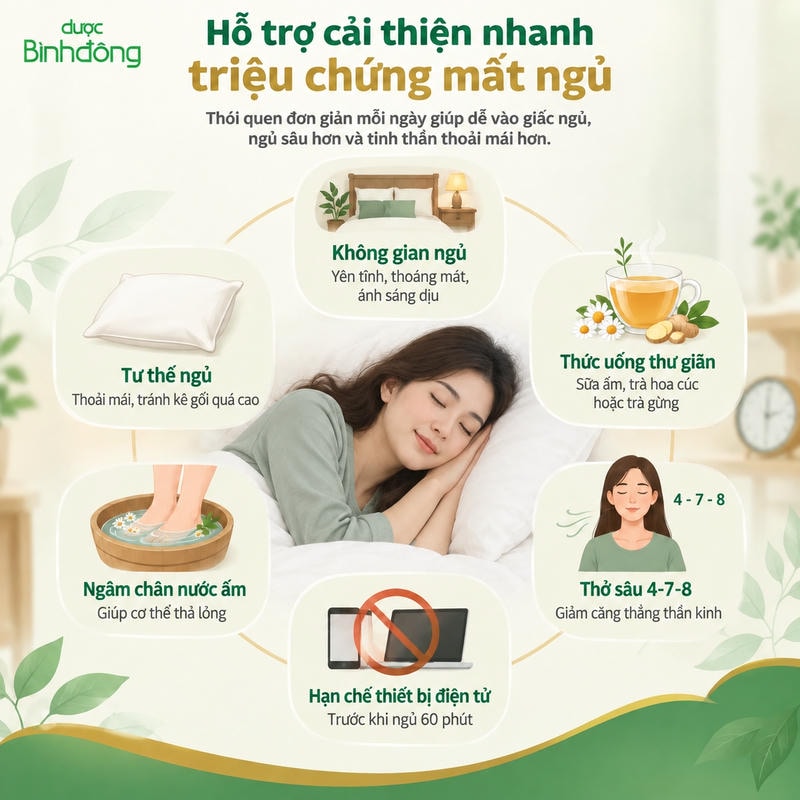 Infographic sáu thói quen hỗ trợ cải thiện mất ngủ, xoay quanh người phụ nữ nghỉ ngơi trên giường.