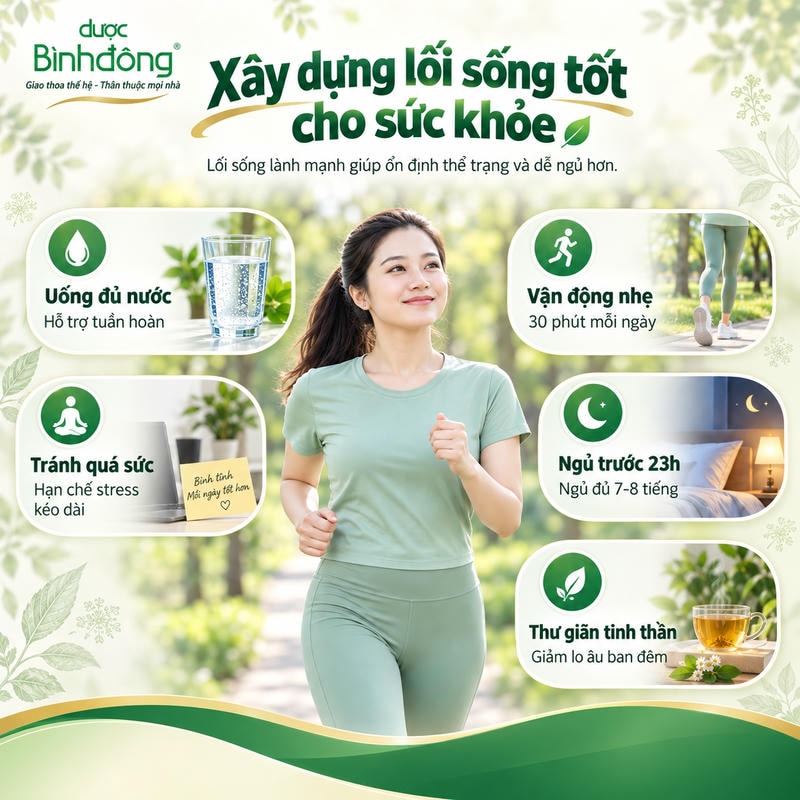 Infographic trình bày năm thói quen xây dựng lối sống lành mạnh, với người phụ nữ vận động ngoài trời.