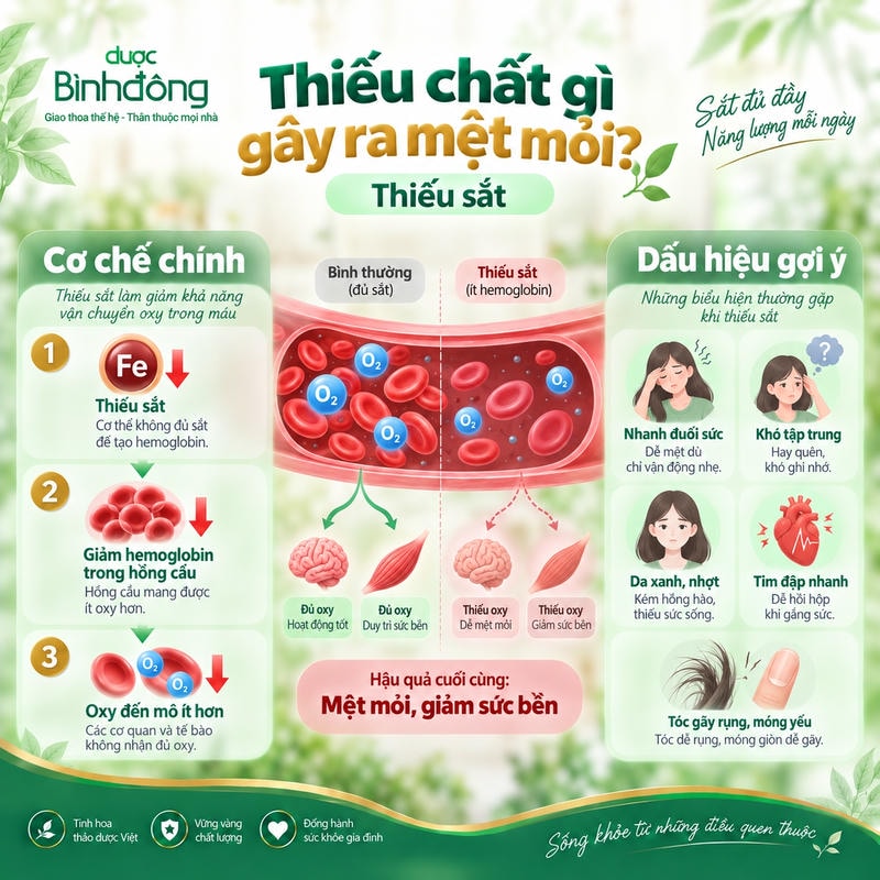 Sơ đồ thiếu sắt cho thấy giảm hemoglobin làm oxy đến mô ít hơn, gây mệt mỏi và giảm sức bền.