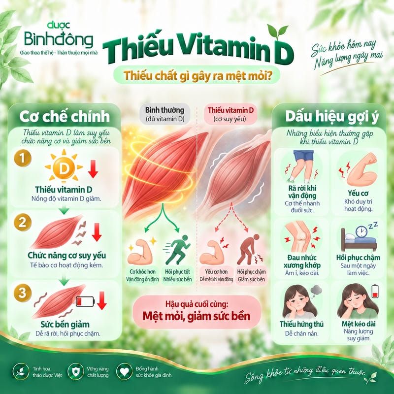 Infographic thiếu vitamin D cho thấy cơ suy yếu, sức bền giảm, kèm mệt mỏi và đau xương khớp.Caption (Chú thíc