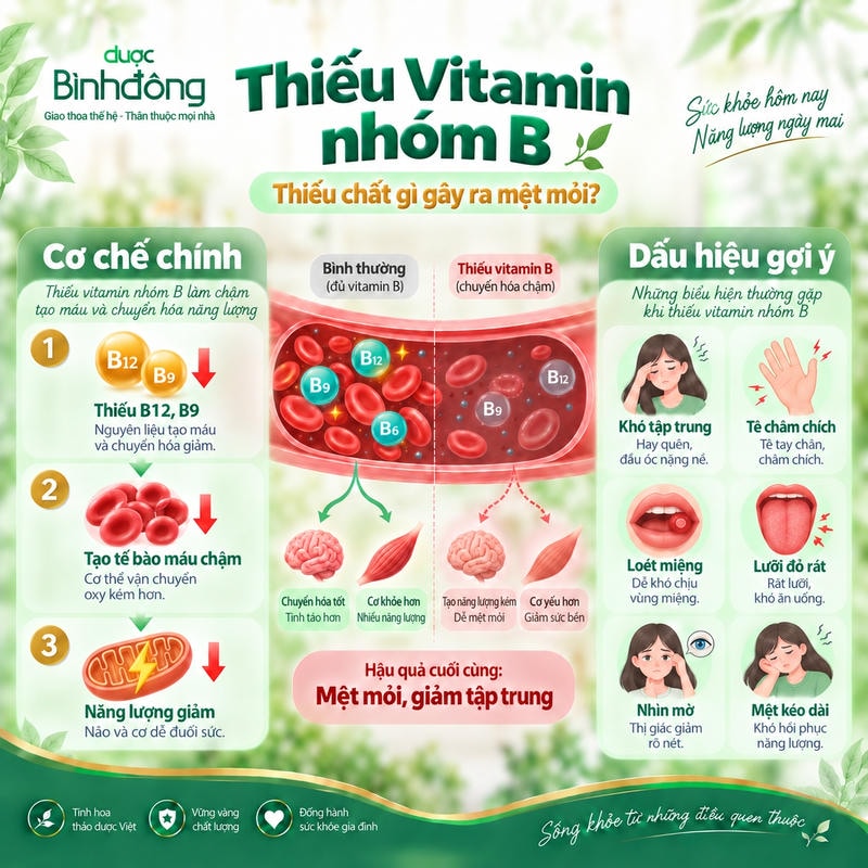 Sơ đồ thiếu vitamin nhóm B cho thấy tạo máu và chuyển hóa năng lượng chậm, gây mệt mỏi.