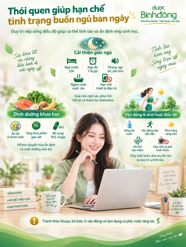 Infographic ba nhóm thói quen giúp hạn chế buồn ngủ ban ngày: cải thiện giấc ngủ, dinh dưỡng và vận động điều độ.