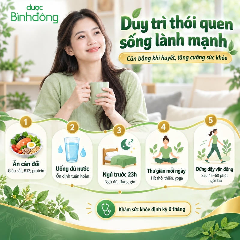 Infographic thói quen sống lành mạnh gồm ăn cân đối, uống đủ nước, ngủ trước 23h, thư giãn và vận động định kỳ.