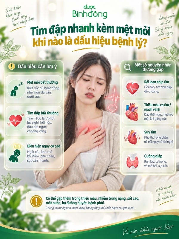 Infographic nêu dấu hiệu cảnh báo và nhóm bệnh thường gặp khi tim đập nhanh kèm mệt mỏi kéo dài.