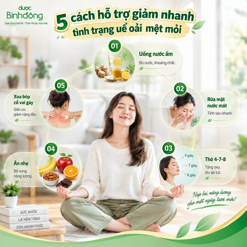 Infographic 5 cách hỗ trợ giảm uể oải gồm uống nước ấm, rửa mặt, thở 4-7-8, ăn nhẹ và xoa bóp.