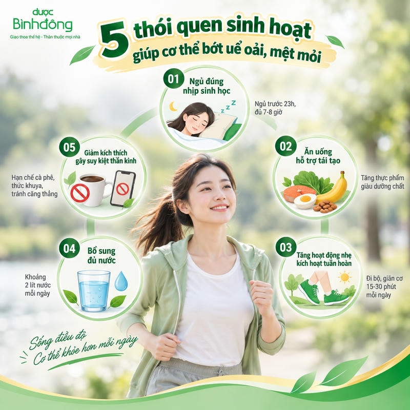 Infographic năm thói quen giảm uể oải: ngủ đủ, ăn đủ chất, vận động, uống nước và giảm kích thích.