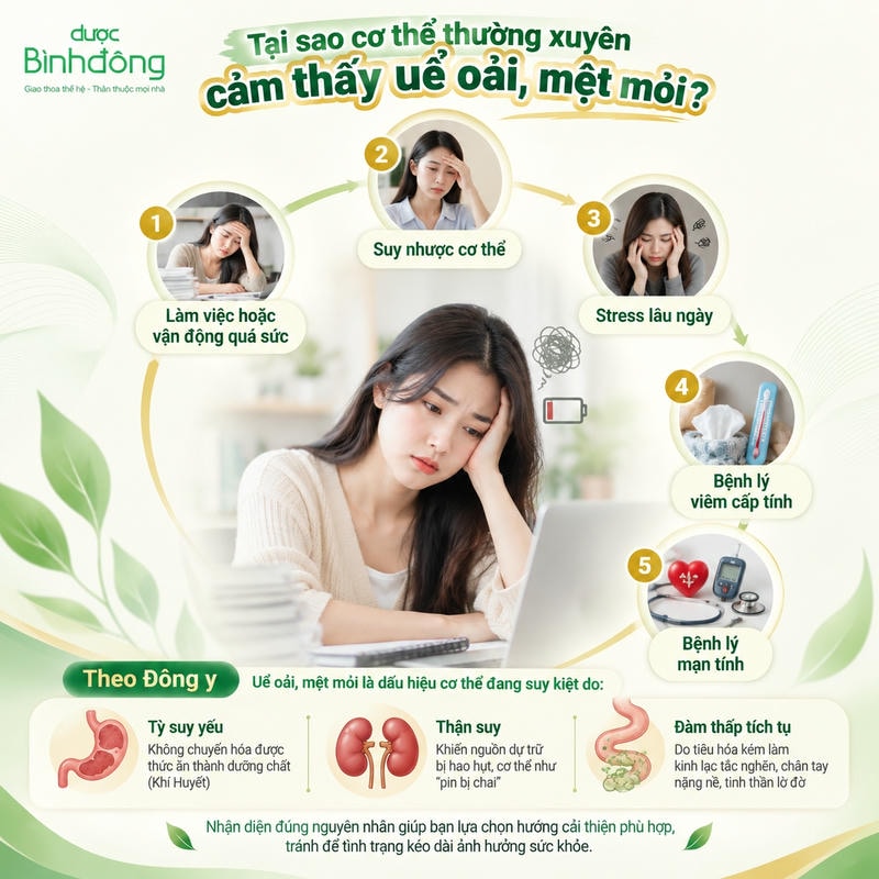 Infographic nguyên nhân uể oải mệt mỏi gồm năm nhóm thường gặp và ba cơ chế theo Đông y.