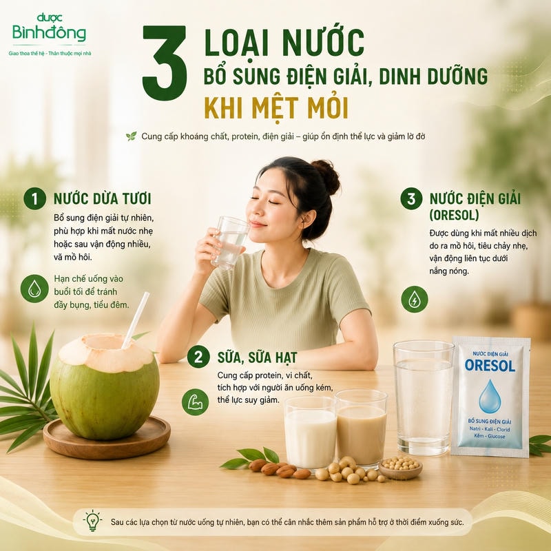 Infographic 3 loại nước bổ sung khi mệt mỏi: nước dừa, sữa hoặc sữa hạt và Oresol.