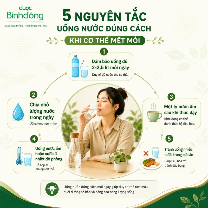 Infographic 5 nguyên tắc uống nước khi mệt mỏi: uống đủ, chia nhỏ, nước ấm, uống sáng, tránh lúc ăn.