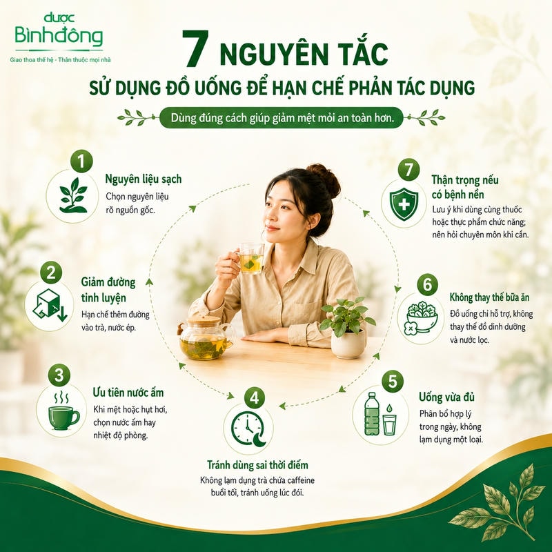Infographic 7 nguyên tắc dùng đồ uống an toàn, với bảy lưu ý bao quanh người phụ nữ uống trà.