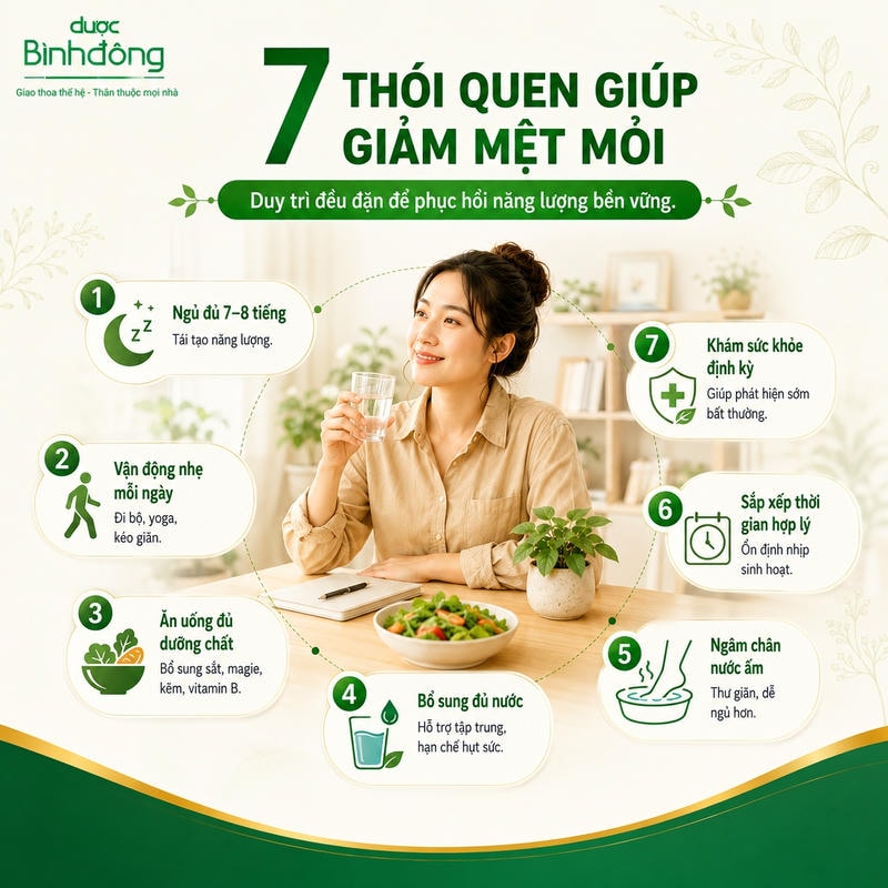 Infographic 7 thói quen giúp giảm mệt mỏi, với người phụ nữ ngồi giữa và bảy thói quen sinh hoạt bố trí xung quanh.