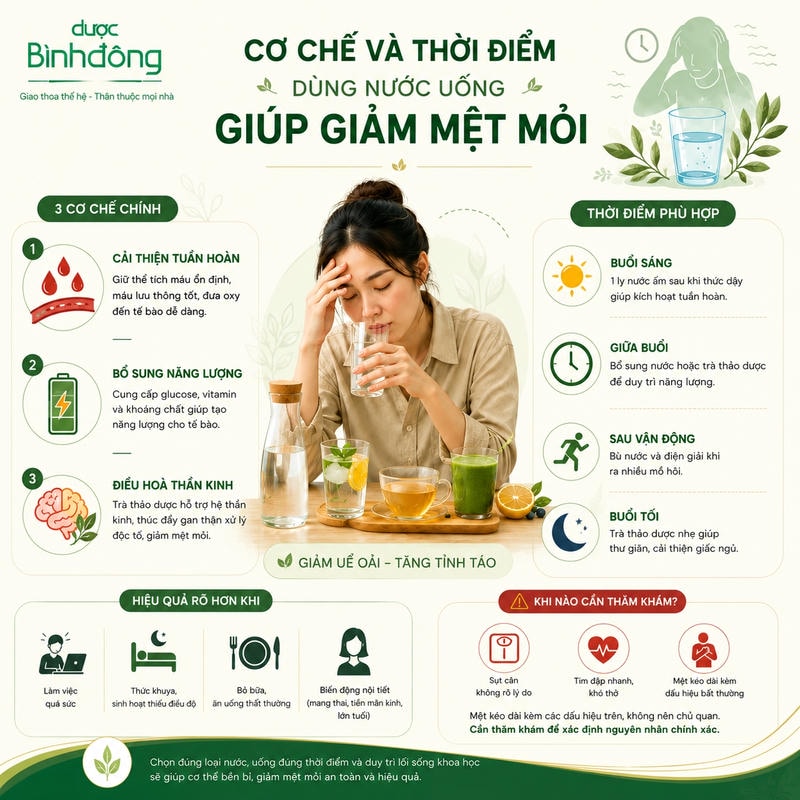 Infographic dùng nước giảm mệt mỏi, gồm ba cơ chế, bốn thời điểm và dấu hiệu cần thăm khám.