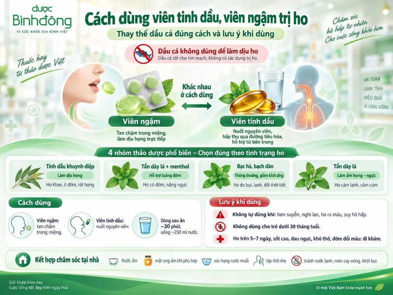 Infographic so sánh viên ngậm và viên tinh dầu về cách dùng, biểu hiện ho phù hợp và lưu ý.