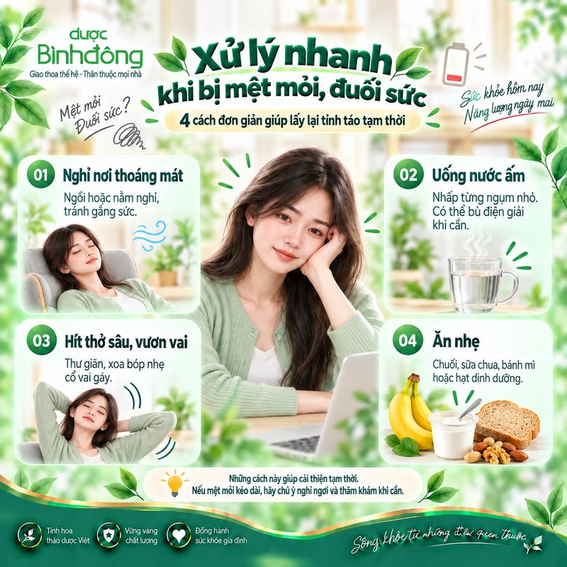 Infographic xử lý mệt mỏi gồm nghỉ nơi thoáng mát, uống nước ấm, hít thở sâu và ăn nhẹ.