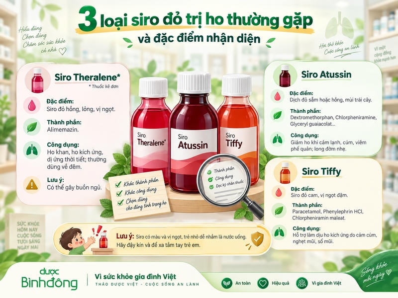 Infographic so sánh 3 loại siro đỏ trị ho gồm Theralene, Atussin và Tiffy; mỗi loại khác nhau về thành phần và công dụng.