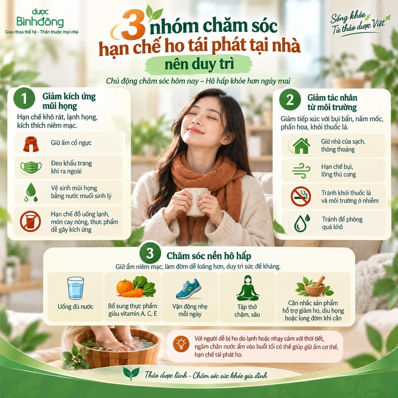 Infographic 3 nhóm chăm sóc hạn chế ho tái phát: mũi họng, môi trường và nền hô hấp.