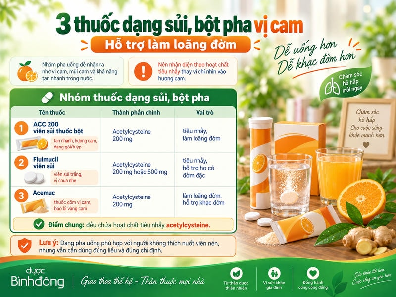 Infographic so sánh ACC 200, Fluimucil và Acemuc dạng sủi, bột pha vị cam, cùng chứa acetylcysteine giúp làm loãng đờm.