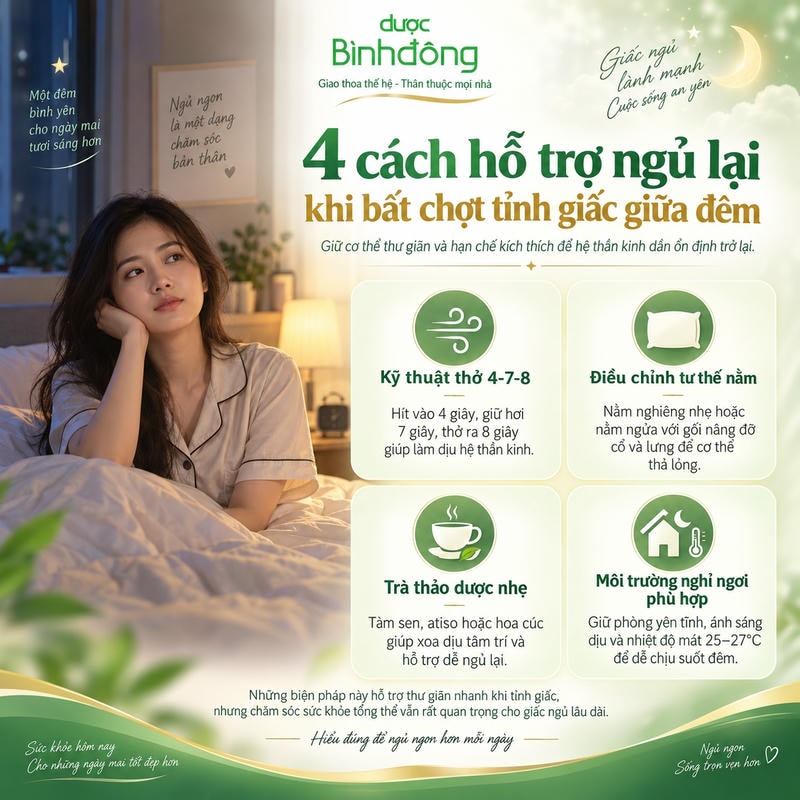 Infographic 4 cách hỗ trợ ngủ lại khi tỉnh giấc giữa đêm gồm thở 4-7-8, chỉnh tư thế nằm, trà thảo dược và môi trường nghỉ ngơi phù hợp.