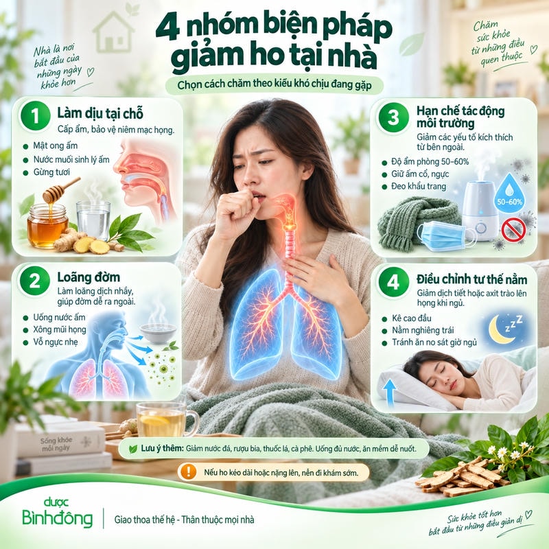 Infographic 4 nhóm giảm ho tại nhà: làm dịu họng, loãng đờm, hạn chế kích thích và điều chỉnh tư thế nằm.
