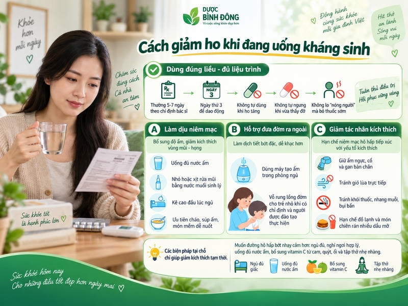 Infographic hướng dẫn giảm ho khi đang uống kháng sinh, nhấn mạnh dùng đúng liệu trình và 3 nhóm chăm sóc hô hấp: làm dịu niêm mạc, hỗ trợ đưa đờm ra ngoài, giảm tác nhân kích thích.
