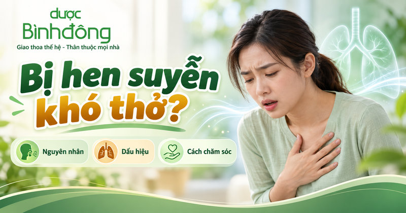 Người phụ nữ đặt tay lên ngực, bên cạnh minh họa phổi và các nhóm thông tin về cơn hen