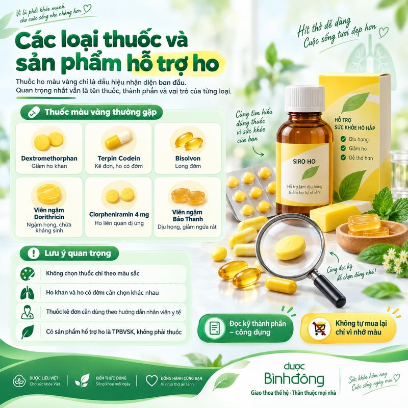 Infographic các thuốc và sản phẩm hỗ trợ ho màu vàng, nhấn mạnh không chọn thuốc chỉ theo màu sắc.