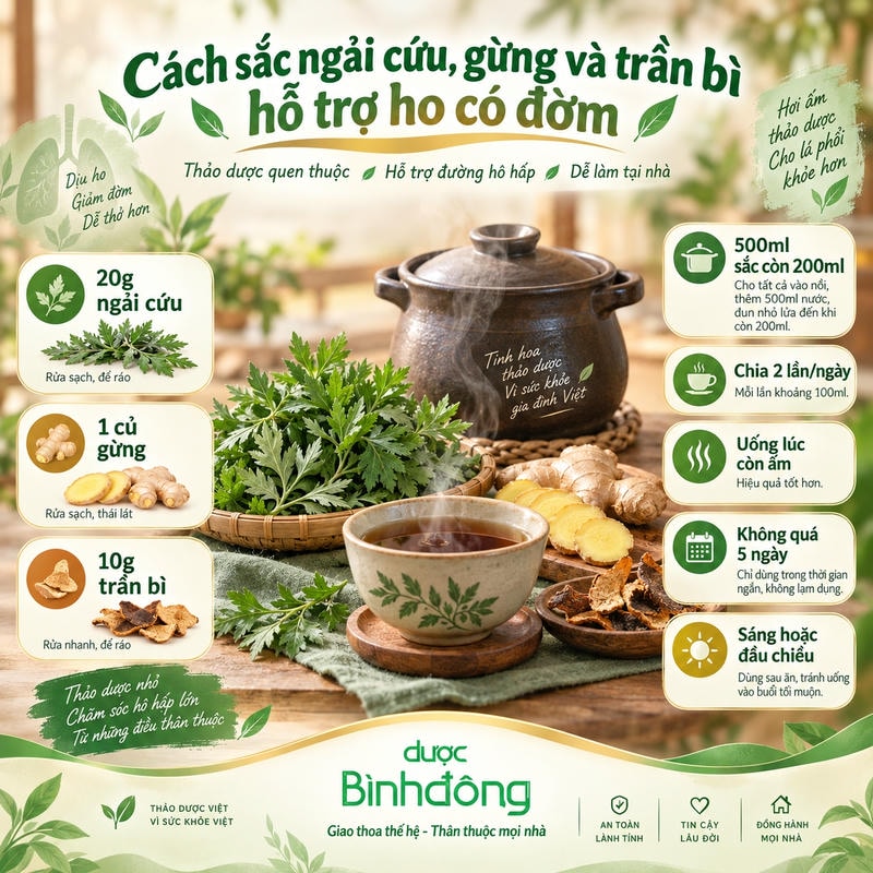 Infographic hướng dẫn sắc ngải cứu, gừng và trần bì hỗ trợ ho có đờm, chia hai lần uống trong ngày.