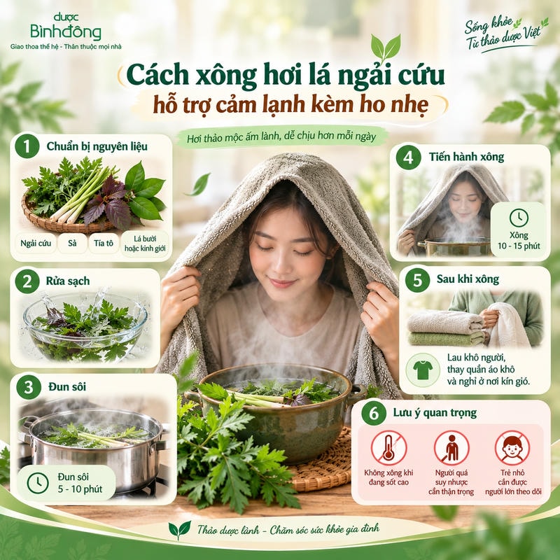 Infographic 6 bước xông ngải cứu, từ chuẩn bị, đun, xông đến chăm sóc và cảnh báo an toàn.